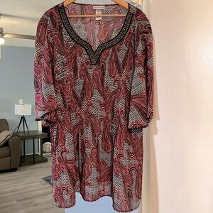 Catherines Women’s Plus Size 2X Pink and Black Paisley Beaded Neckline Tunic